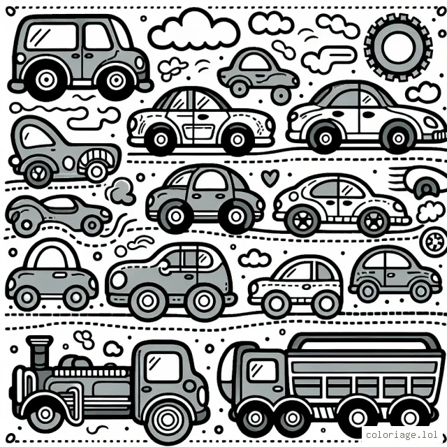 Crée un coloriage qui met en scène des voitures de marques différentes.