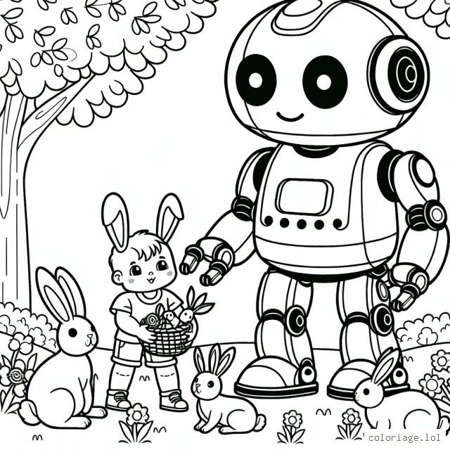 Un robot-amie super intelligent jouant avec une famille de lapins dans le Parc