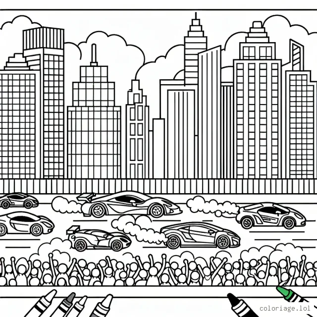 Dessine une course palpitante de voitures de sport à travers une ville animée, avec des voitures colorées, des gratte-ciel et une foule enthousiaste.
