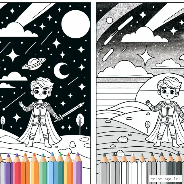 Un petit prince sur une planète lointaine contemplant un coucher de soleil coloré alors qu'un vaisseau spatial traverse le ciel