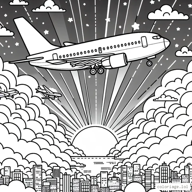 Un avion de ligne magnifiquement détaillé survolant les nuages ​​avec le lever du soleil en arrière-plan se prépare à atterrir dans une ville animée illuminée. Plusieurs petits avions sont également visibles dans le ciel lointain.
