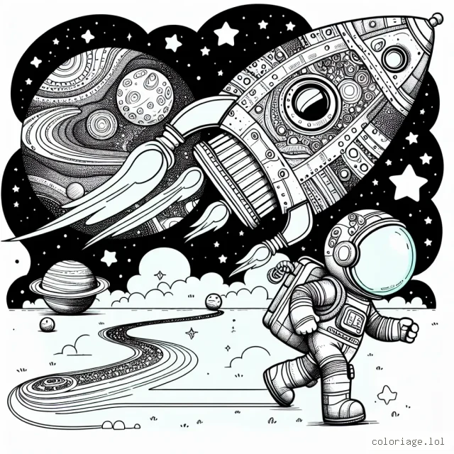 Un courageux astronaute se dirige vers un vaisseau spatial énorme et coloré. Il est prêt à embarquer pour une aventure intergalactique passionnante. Il y a une immense voie lactée à l'arrière-plan, étoiles et différentes planètes à colorier.