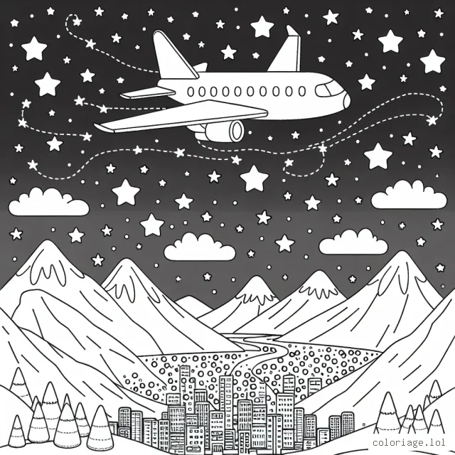 Un avion en plein vol dans le ciel étoilé, survolant des montagnes et une ville illuminée