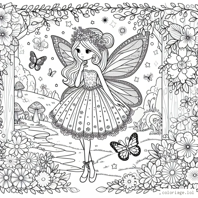 Une fée magique avec une belle robe et des ailes brille dans un jardin secret rempli de papillons colorés, de fleurs en pleine floraison et de créatures fantaisistes.