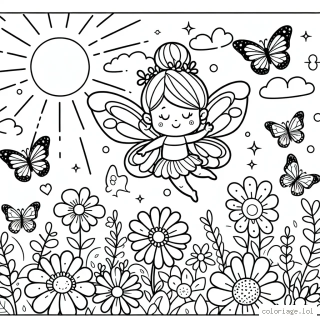 Une petite fée volant au-dessus d'un jardin de fleurs ensoleillé, entourée de papillons multicolores
