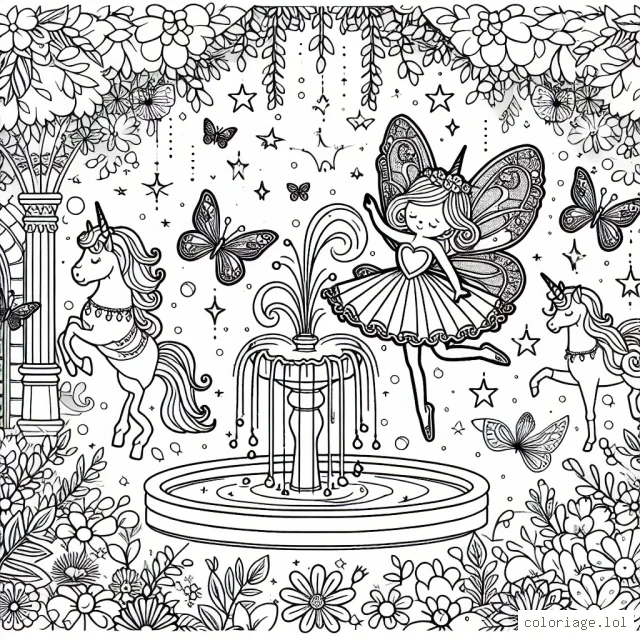 Une petite fée avec des ailes scintillantes dansant autour d'une fontaine sacrée dans un jardin enchanté plein de fleurs, de licornes et de papillons colorés.