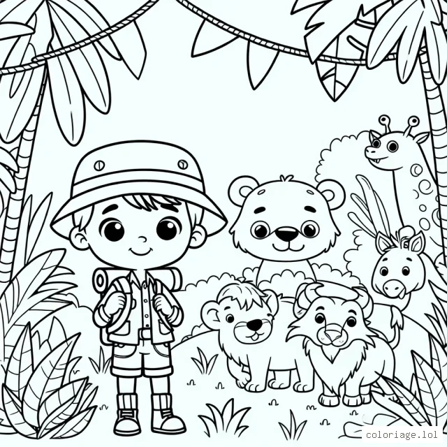 Un petit garçon explorateur dans la jungle avec des animaux sauvages
