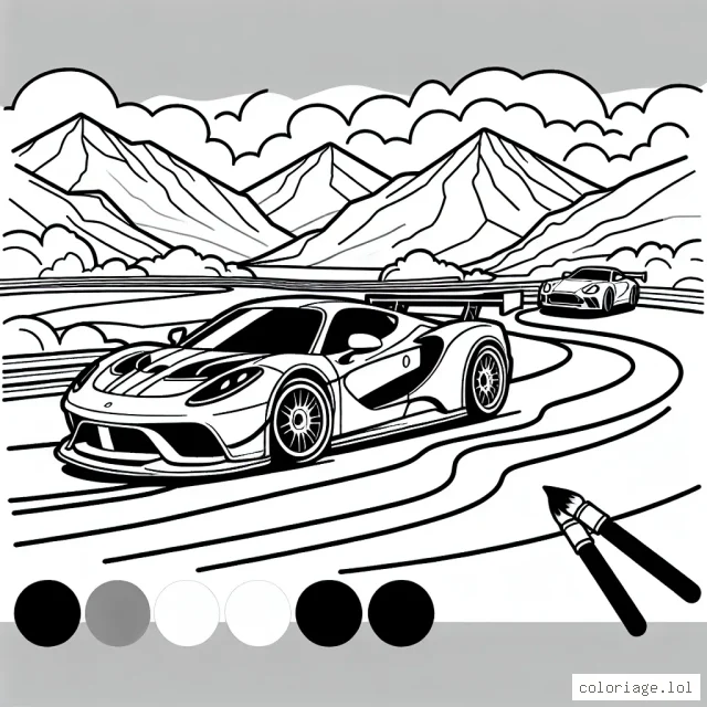 Une course passionnante de voitures de sport sur un circuit sinueux avec des montagnes en arrière-plan.