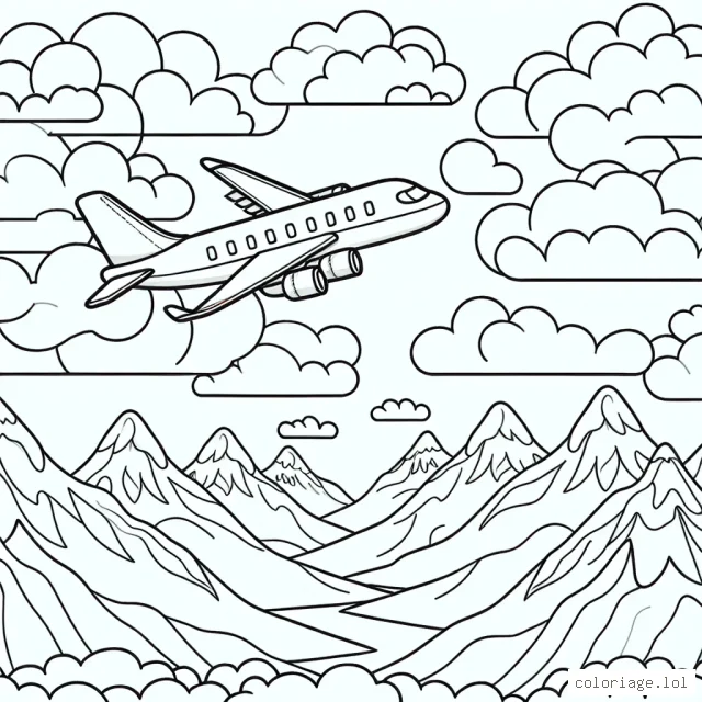 Dessinez un avion qui survole les nuages majestueux et le beau paysage de montagnes enneigées en dessous.