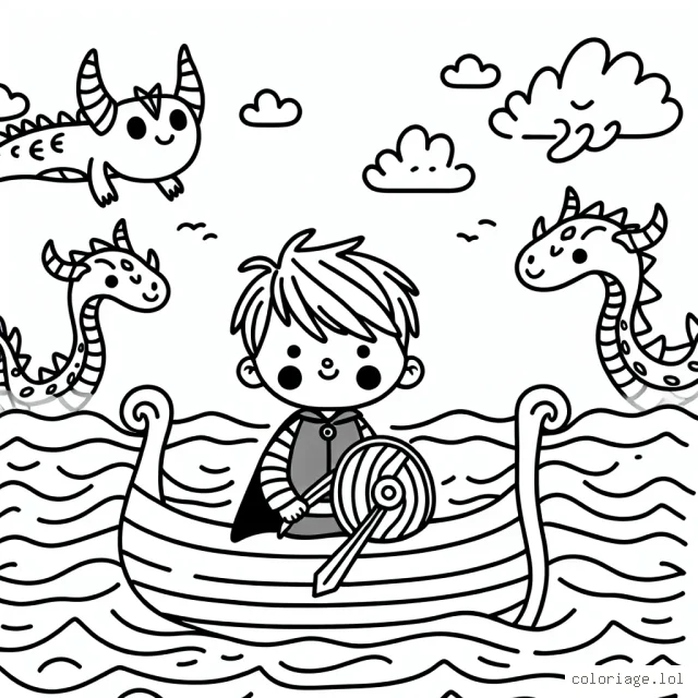 Un petit garçon viking naviguant sur une grande mer avec des dragons amicaux autour de lui