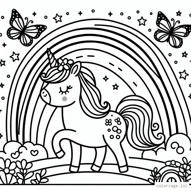 Vis une aventure féerique aux côtés de Mélodie la licorne, marchant sur un arc-en-ciel et entourée de papillons aux ailes scintillantes.