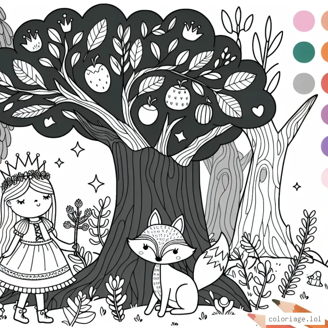 Tu es une princesse courageuse en forêt enchantée. Ton ami le renard t'a amené dans un lieu secret où tu découvres un arbre magique avec des fruits aux formes étranges. Colorie ce moment magique en utilisant tes couleurs préférées!