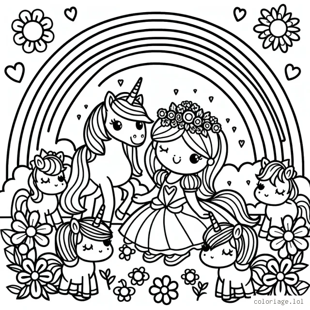 Imaginez une princesse joyeuse avec des poneys multicolores dans un jardin de fleurs resplendissant sous un arc-en-ciel lumineux.
