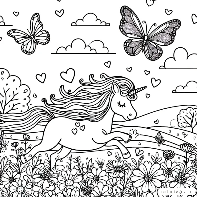 Dans un paysage enchanteur, une licorne gracieuse s'amuse dans un champ de fleurs aux côtés de ses amis papillons. De petits coeurs flottant dans l'air, ajoutent une touche supplémentaire de magie à la scène.