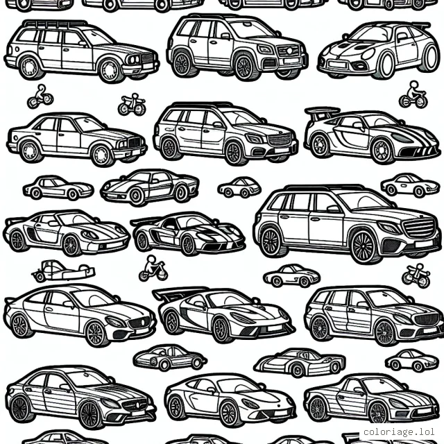 Imaginez une scène de défilé des voitures les plus célèbres du monde organisée par marque. Chaque voiture sera à colorier avec des couleurs spécifiques à chaque marque.