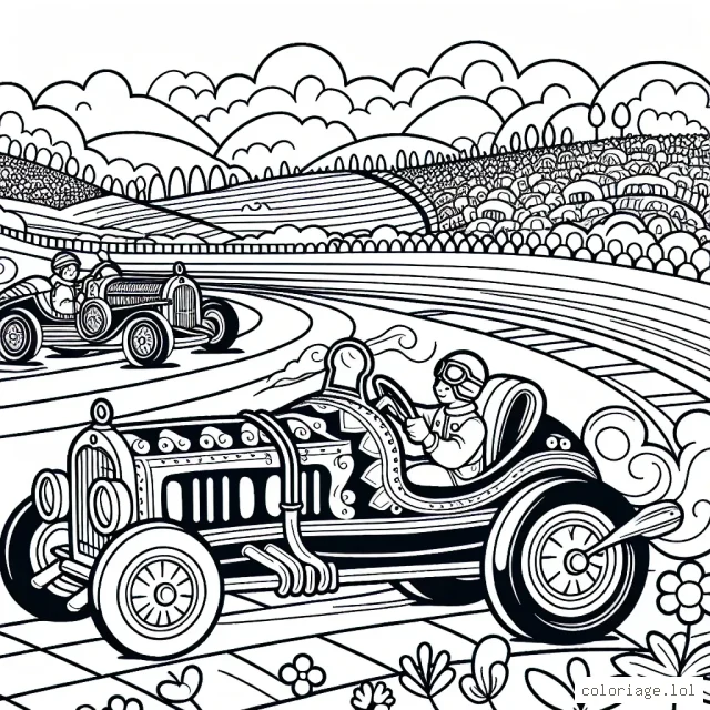 Dessin détaillé d'une course effrénée de voitures vintage sur un circuit animé.