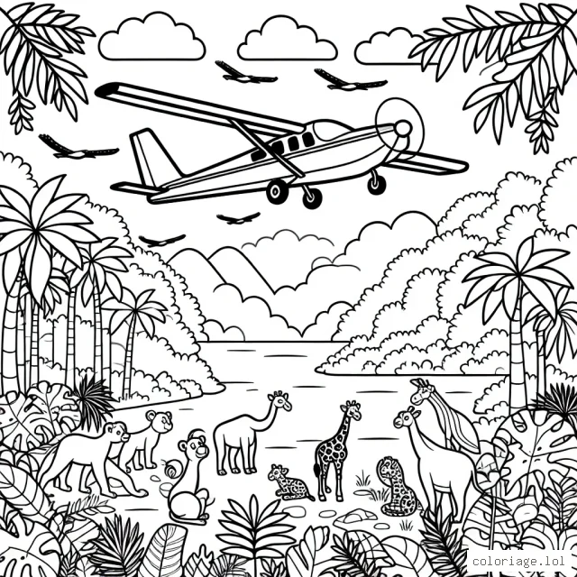 Dessinez un avion planeur survolant une forêt tropicale peuplée d'animaux exotiques.