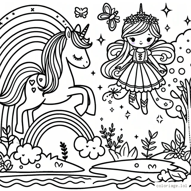 Dessine une princesse fée avec son cheval arc-en-ciel dans un jardin enchanté