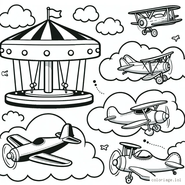 Un carrousel d'avions dans le ciel, avec différents types d'avions : un avion de ligne, un avion de chasse, un biplan et un avion de voltige, tous volant entre les nuages.