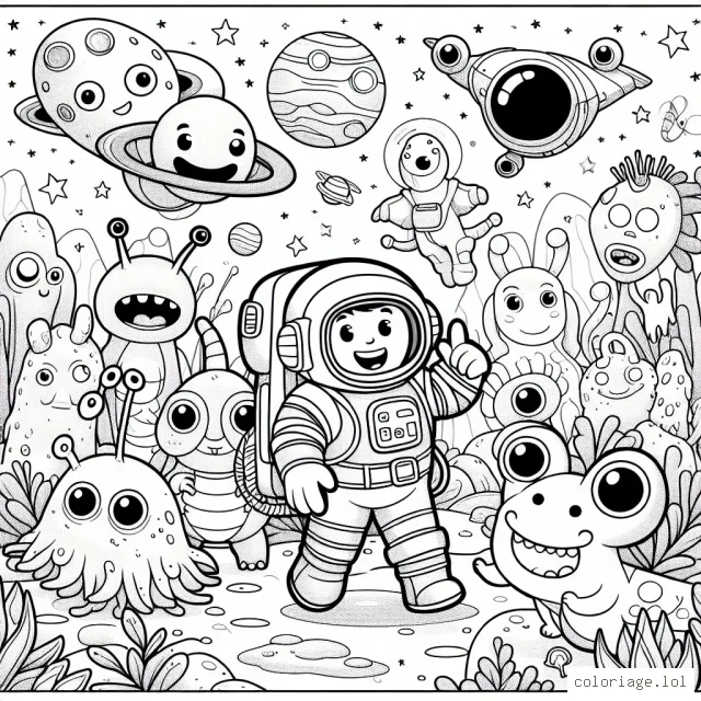 Une scène héroïque et amusante avec un astronaute explorant une planète remplie de créatures d'apparence étrange mais amicales