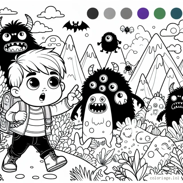 Un petit garçon courageux part à l'aventure dans un paysage imaginaire peuplé de monstres de toutes les formes et couleurs. Aide-le à donner vie à ce monde fantastique en choisissant toi-même les couleurs.
