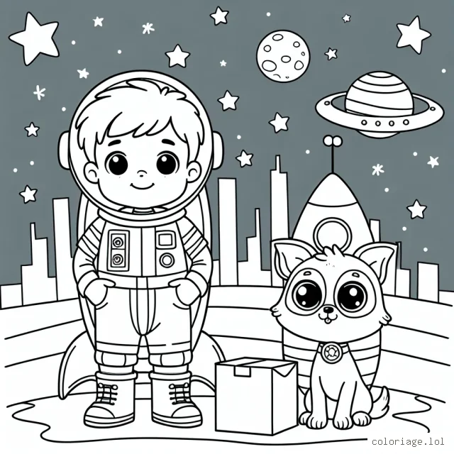 Un petit garçon habillé comme un astronaute se tient à côté de sa fusée spatiale en carton. Un chien joliment habillé comme un extraterrestre se tient à côté de lui. Dans le fond, on peut voir un ciel étoilé au-dessus d'une grande ville.
