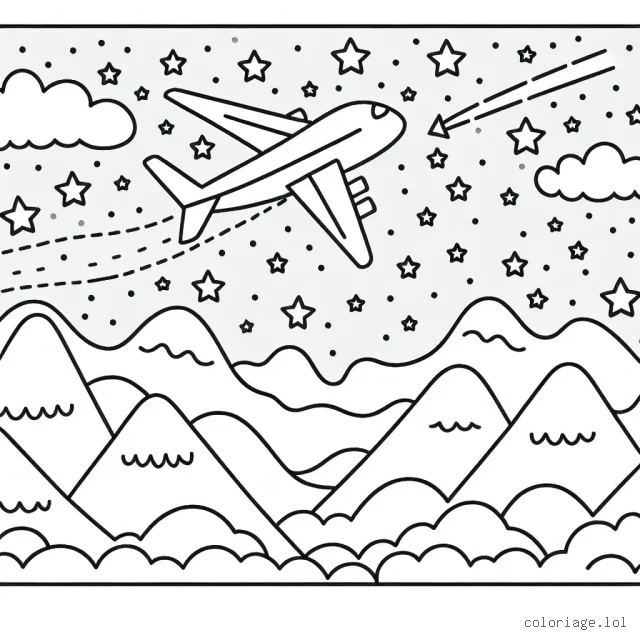 Dessine un avion traversant le ciel étoilé tout en évitant les montagnes.
