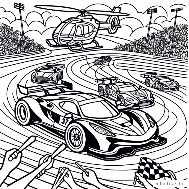 Dans ce dessin, une voiture de course super rapide est sur le point de franchir la ligne d'arrivée sur un circuit tourbillonnant. D'autres voitures sont juste derrière, prêtes à dépasser. Il y a aussi de la foule en fond qui encourage avec des drapeaux. Un hélicoptère survole également la scène en retransmettant en direct.