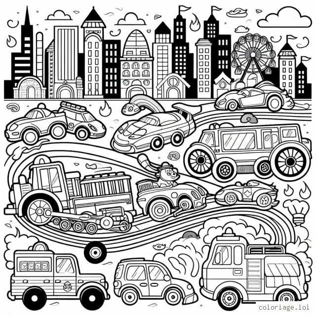 Une course folle de voitures à travers la ville - voitures de pompiers, voitures de police, voitures de course, camions et véhicules bien connus de dessins animés.