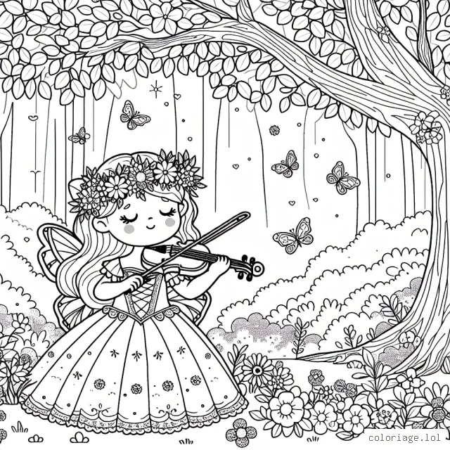 Une petite princesse de conte de fées couronnée de fleurs, jouant du violon sous un grand arbre en pleine forêt enchantée.
