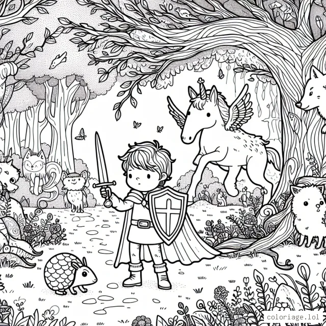 Un petit garçon courageux protège une forêt enchantée animé avec des animaux et des créatures féeriques