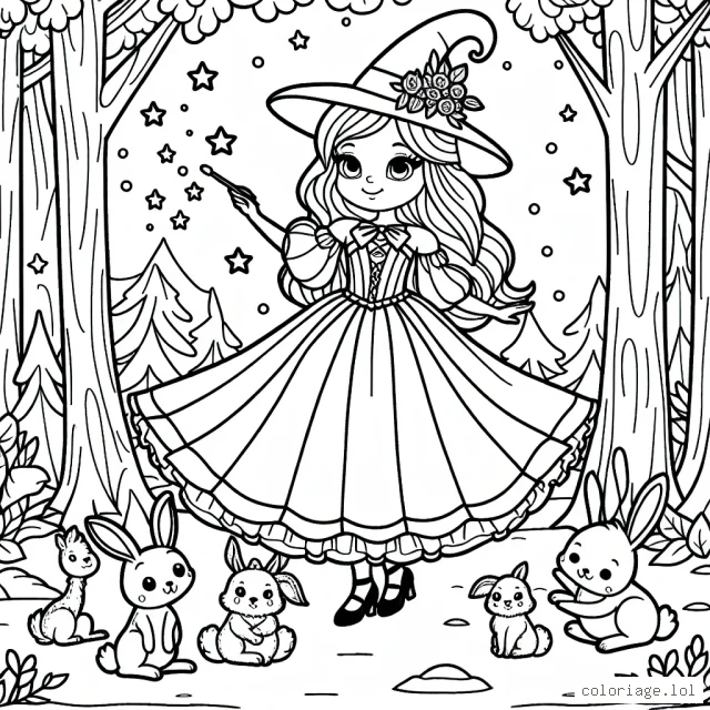 Magicienne en robe de fête à la forêt enchantée avec ses amis les animaux