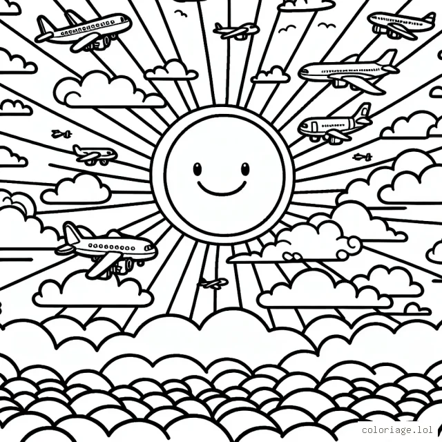 Un ciel rempli d'avions de différent types volant entre les nuages, certains en plein décollage, d'autres en atterrissage. A l'horizon, un grand soleil souriant.