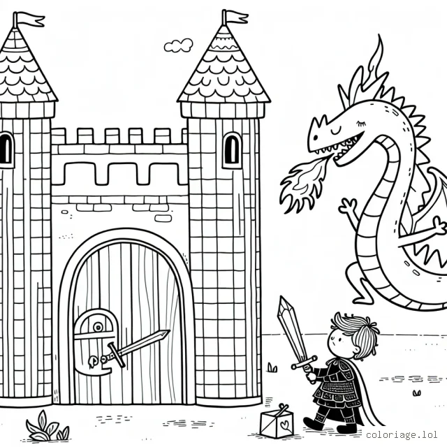 Un petit garçon courageux défend son château fort contre un dragon de feu