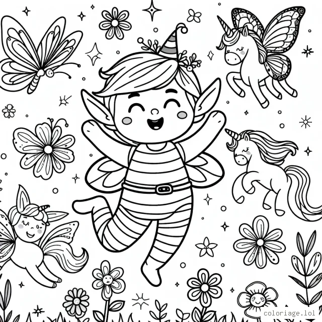 Un lutin joyeux qui joue dans un jardin enchanté avec des créatures magiques tels qu'une licorne, des papillons étincelants et des fleurs qui sourient