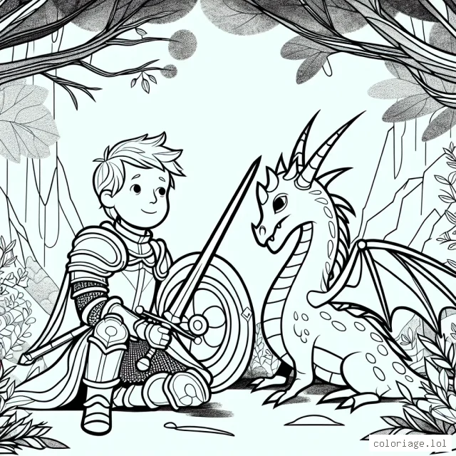 Un jeune chevalier et son petit dragon au cœur de la forêt enchantée