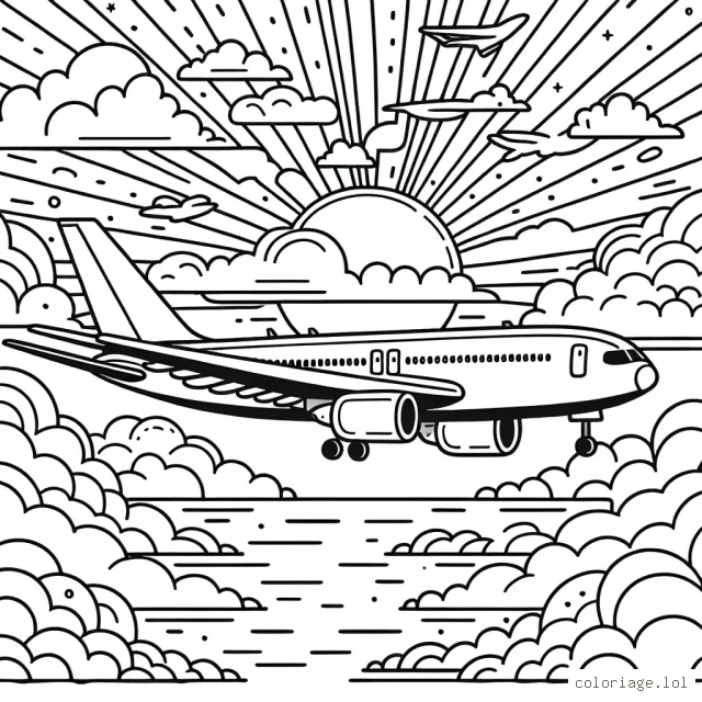 Imagine un avion voyageant à travers les nuages. C'est un grand avion à réaction avec des ailes larges et un long fuselage. Il y a des détails sur l'avion à colorier, comme des fenêtres, un logo de la compagnie d'aviation, et même le pilote dans le cockpit. Le ciel est plein de différents types de nuages, ce qui donnera beaucoup de possibilités pour utiliser différentes couleurs de bleu et de blanc. Aussi, imagine que le soleil se couche à l'horizon, créant un magnifique dégradé de couleurs dans le ciel.