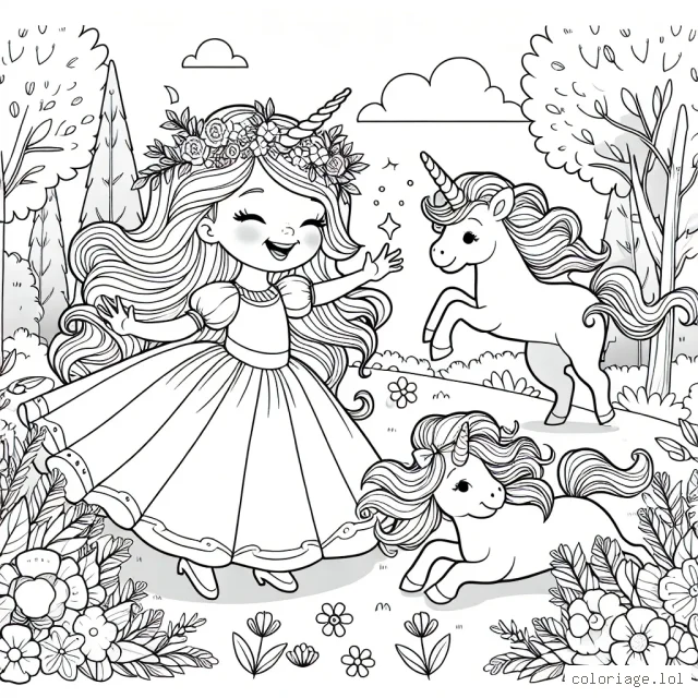 Une princesse dans un jardin enchanté en train de jouer avec des licornes