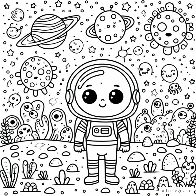 Un petit astronaute explore une planète mystérieuse, plein d'aliens et de formes étranges.
