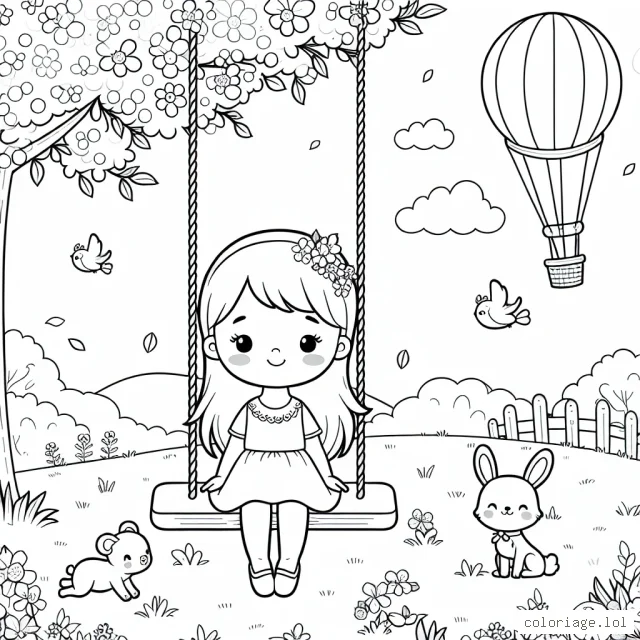 Une petite fille sereine est assise sur une balançoire suspendue à un cerisier en fleur, et autour d'elle se trouvent des petits animaux jouant dans l'herbe. Il y a aussi des montgolfières lointaines dans le ciel.