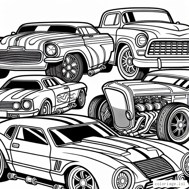 Des voitures de marques différentes alignées à colorier