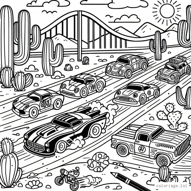 Une course de voitures animée se déroule dans le désert. Les voitures ont des motifs et des designs uniques. Il y a de tout - des voitures de sport rapides, des camions robustes, même des voitures vintages classiques. Les temps forts de la course sont un pont étroit, un virage serré autour d'un cactus gigantesque et une ligne d'arrivée avec un foule en délire.