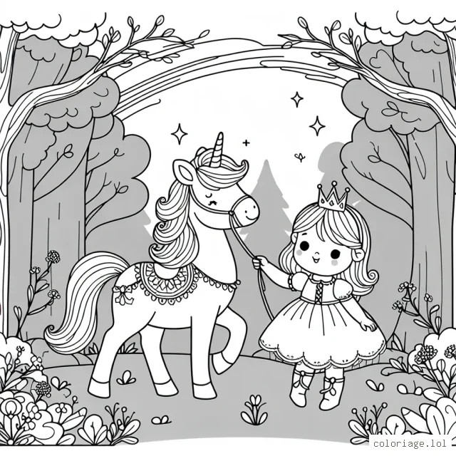 Une petite princesse et son poulain magique se promènent dans la forêt enchantée.