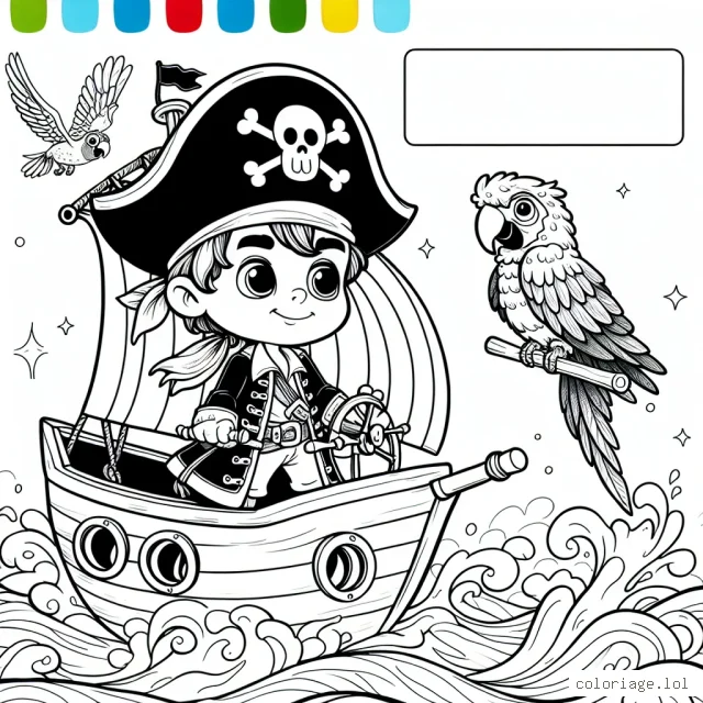 Un jeune garçon pirate intrépide sur son navire, naviguant sur les eaux tumultueuses, avec un perroquet coloré sur son épaule et un trésor scintillant à l'arrière-plan.