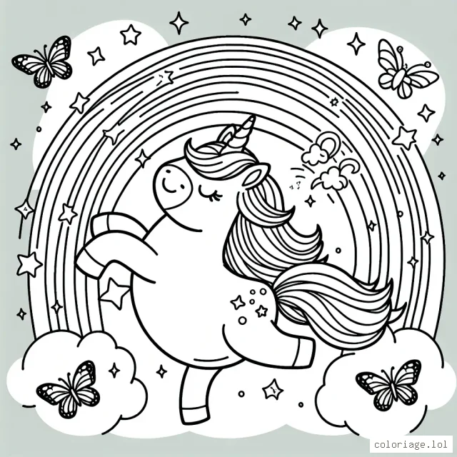 Un licorne magique danse joyeusement sous un arc-en-ciel étincelant entourée de papillons colorés.