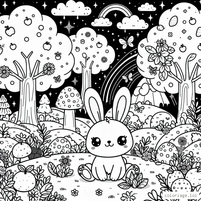 Un joli petit lapin se trouve dans une forêt enchantée pleine d'arbres fruitiers, de fleurs scintillantes et de champignons magiques. Autour de lui, des lucioles volent éclairant tout doucement l'obscurité tandis qu'un arc-en-ciel brille à l'horizon. Utilise tes couleurs préférées pour mettre en vie ce paysage merveilleux