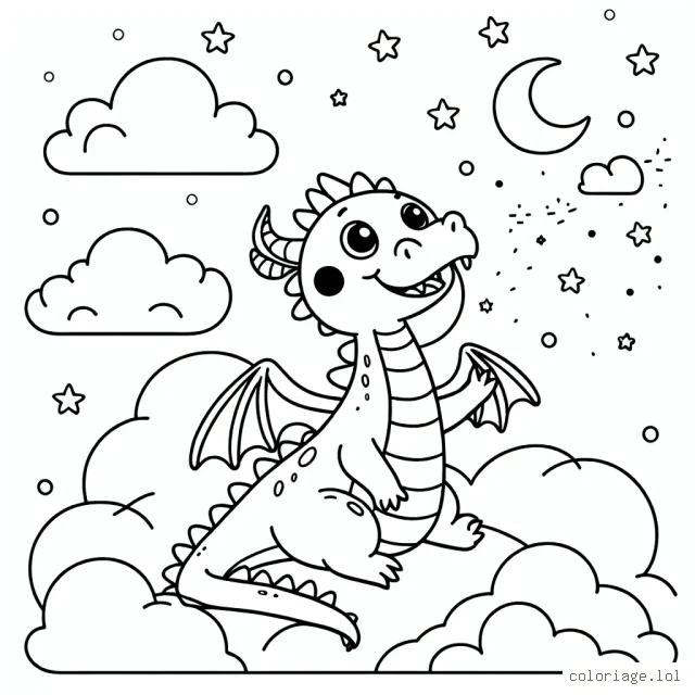 Un dragon amusant jouant avec les nuages dans le ciel étoilé