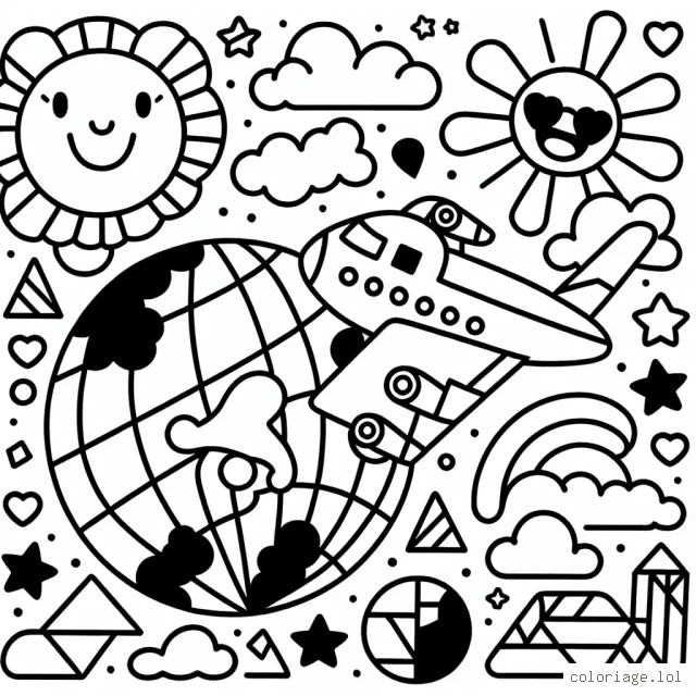 Dessine un avion survolant le monde, avec des nuages, un soleil souriant et différentes formes géométriques à colorier.