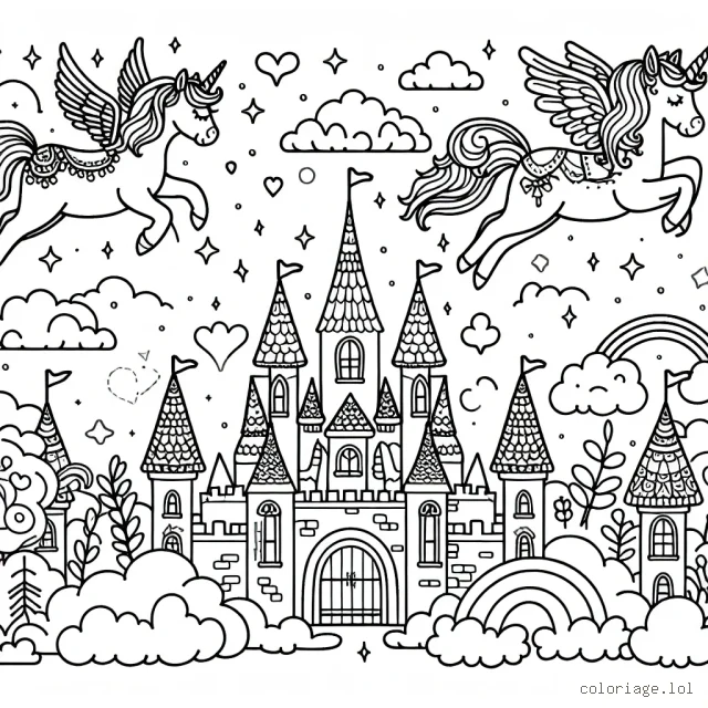 Un monde fantastique avec des licornes, des châteaux magiques, des fées et des nuages de bonbons