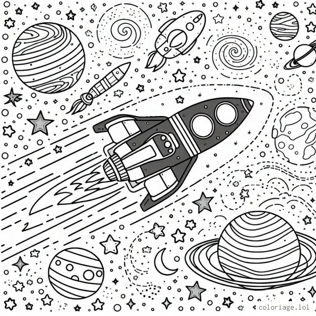 Un vaisseau spatial zoomant à travers une galaxie lointaine, entouré de planètes colorées, d'étoiles scintillantes et de comètes tourbillonnantes.